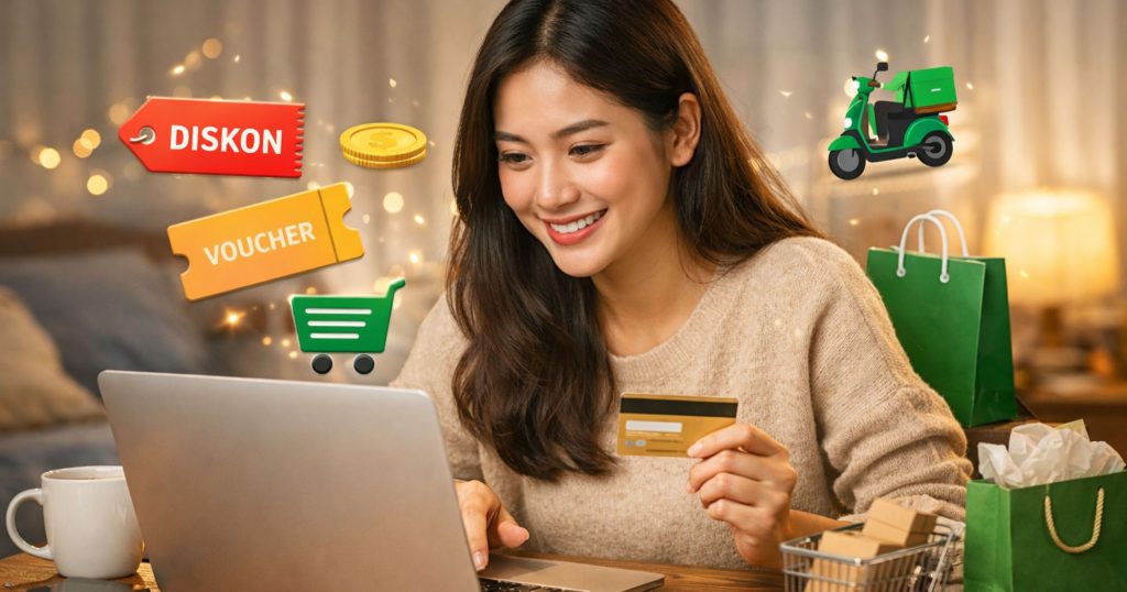 Wanita sedang belanja online di marketplace Indonesia menggunakan laptop sambil melihat promo dan voucher belanja murah