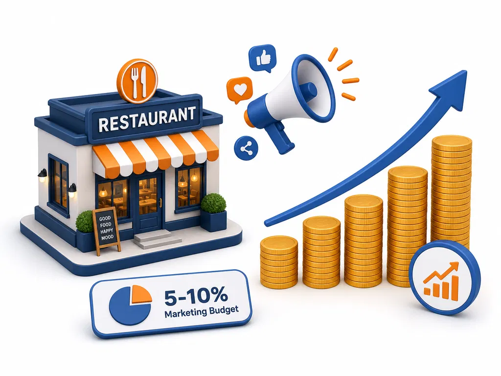 Promosi : Ilustrasi 3D yang menampilkan sebuah gedung restoran, megaphone dengan ikon media sosial, grafik panah biru yang naik, tumpukan koin emas yang semakin tinggi, serta label bertuliskan "5-10% Marketing Budget" dengan diagram lingkaran.