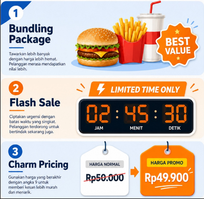 Infografis berwarna biru dan oranye yang menjelaskan tiga teknik psikologi harga: Bundling Package dengan ilustrasi paket burger, Flash Sale dengan ilustrasi jam digital, dan Charm Pricing yang membandingkan harga Rp50.000 dengan Rp49.900.