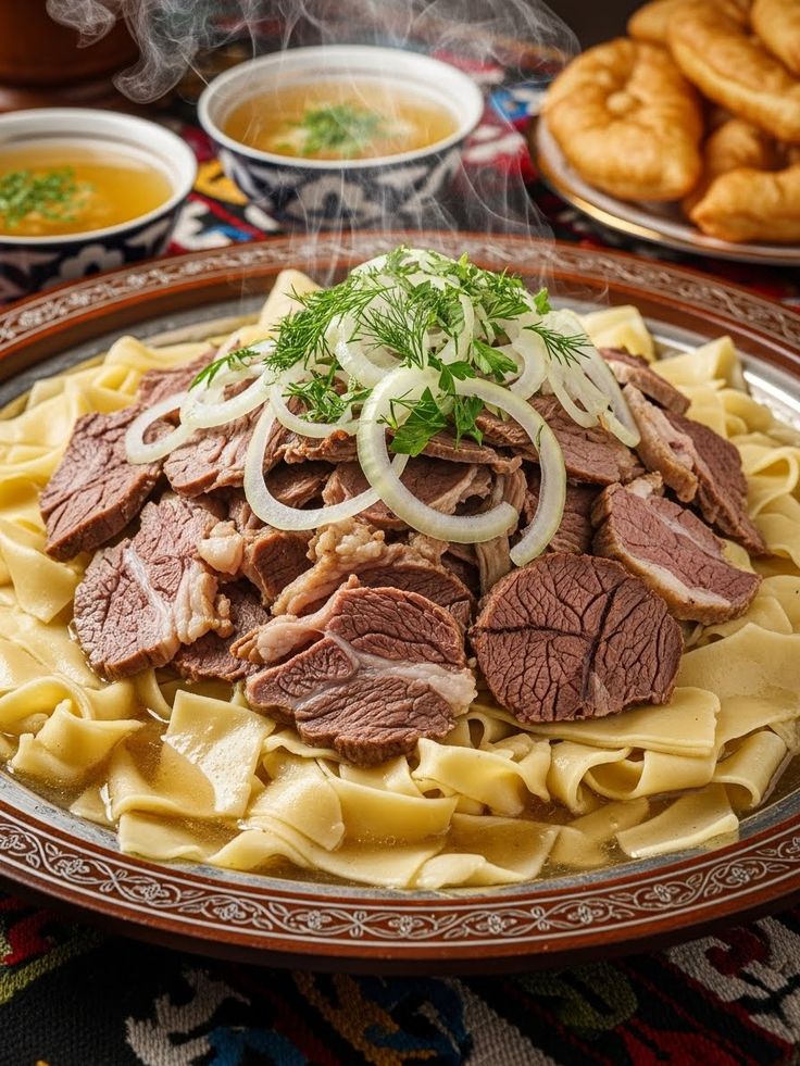 Hidangan mie di dalam mangkok dengan topping daging yang berlimpah dan daun bawang