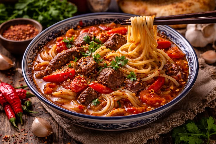 Mie kenyal home made ala kyrgyzstan dengan topping daging dan kuah merahnya