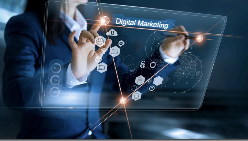 Ilustrasi strategi digital marketing untuk pemula dengan tampilan dashboard analitik, grafik performa, dan ikon media sosial di layar digital.