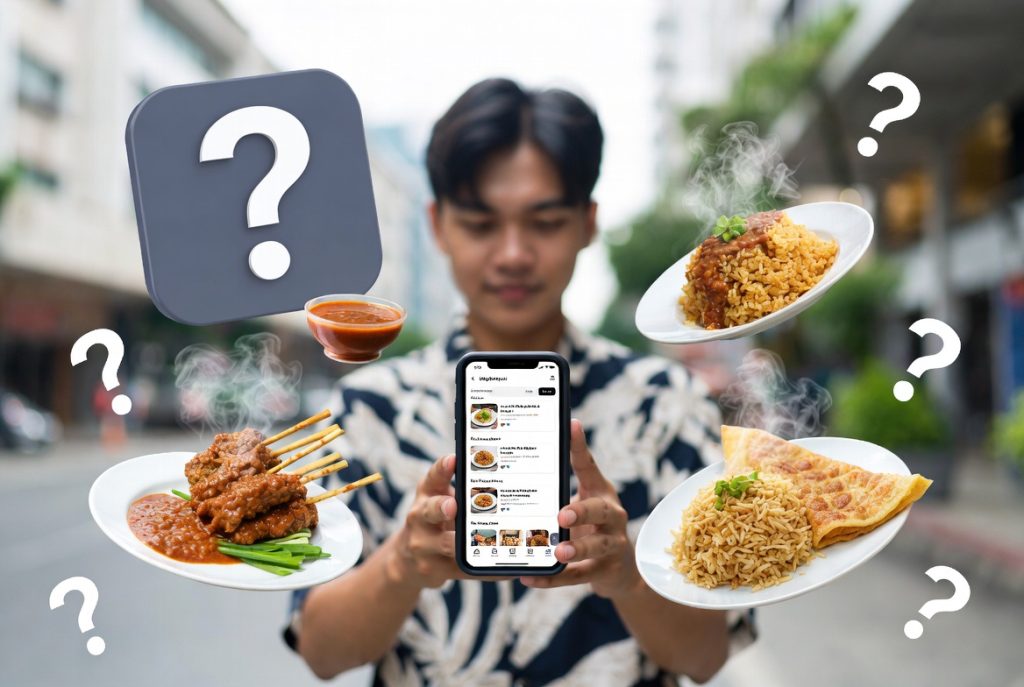 gambar seorang yang sedang bingung memilih rekomendasi kuliner Jakarta